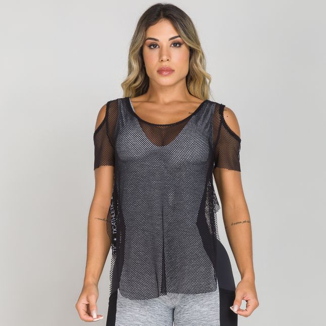 Blusa em Tela Ombros Vazados Decote Costas  FT0697BL