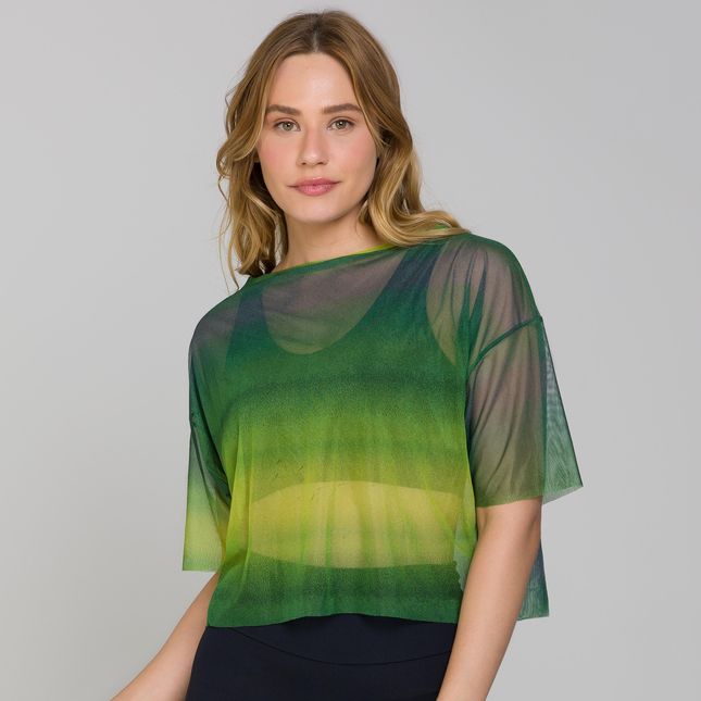 Blusa Ampla Manga Curta Tule Estampado VERDE - FT0808BL
