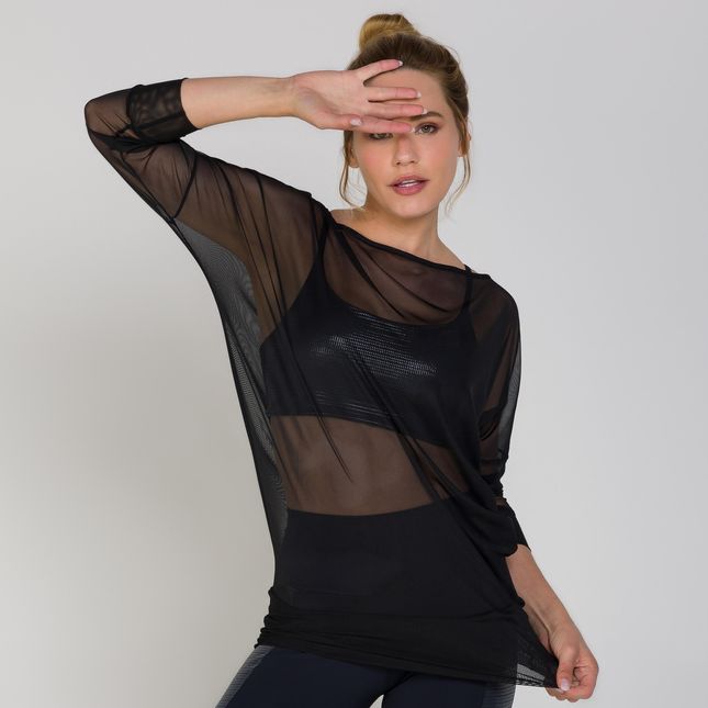 Blusa Tule Gola Canoa e Manga Longa FT0854BL