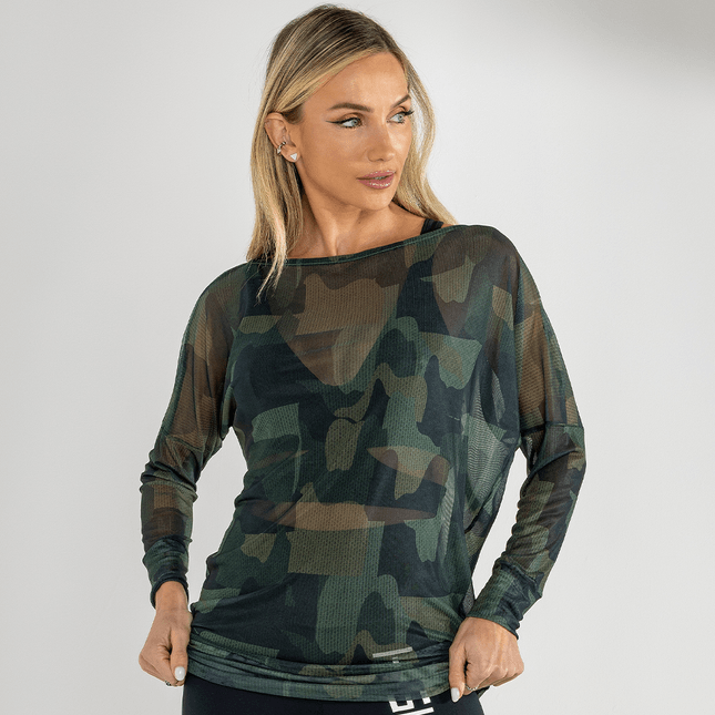 Blusa Tule Estampado Gola Canoa e Manga Longa FT0972BL