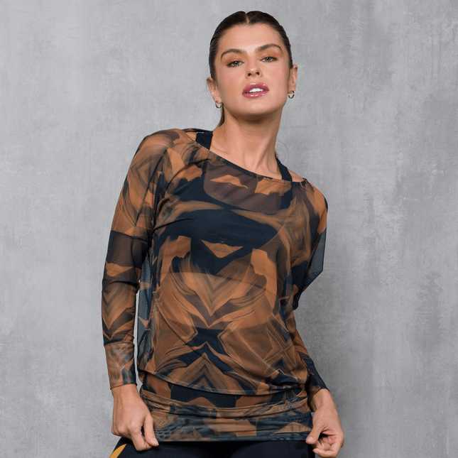 Blusa Tule Estampado Gola Canoa e Manga Longa FT1122BL