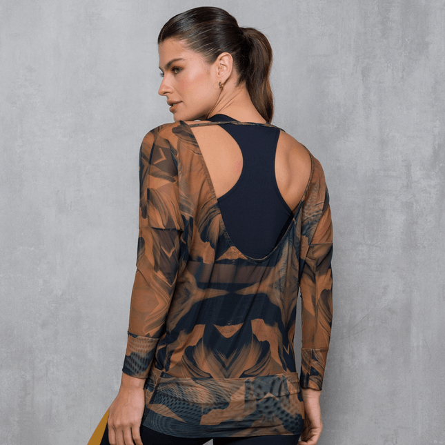 Blusa Tule Estampado Gola Canoa e Manga Longa FT1122BL