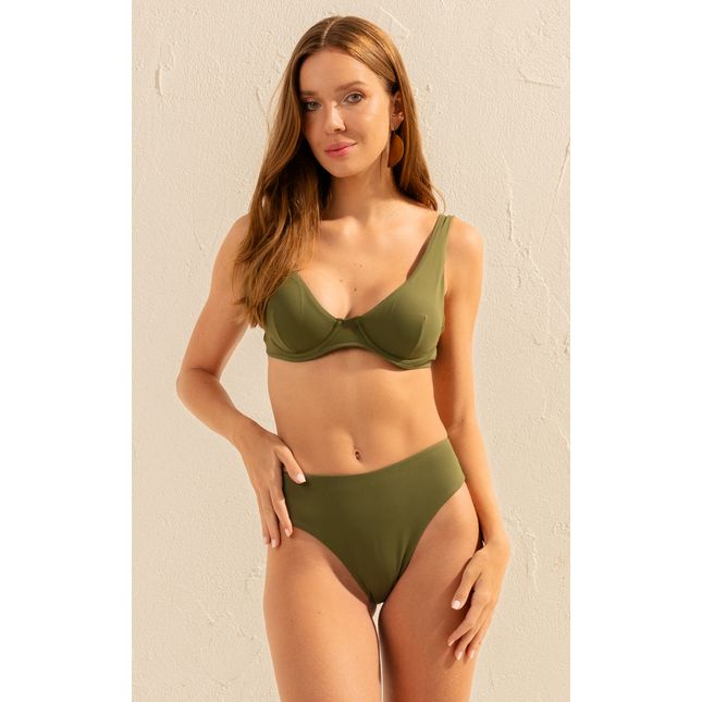 Top Biquíni Triângulo e Calça Biquíni Alta Fio Verde Musgo