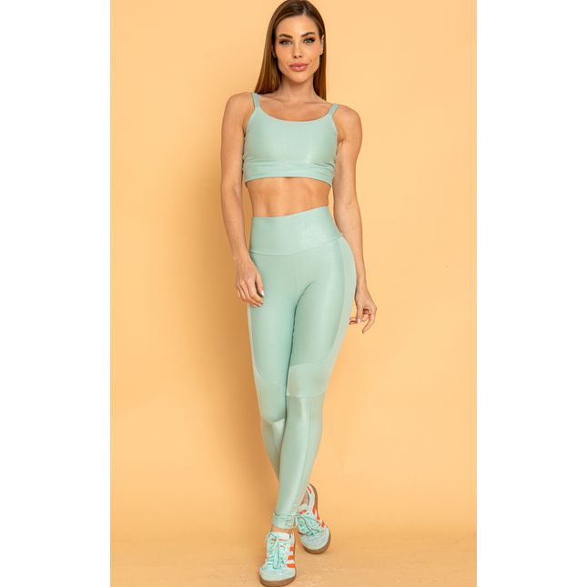 Top Costas Torcida e Calça Legging Textura Acetinada Verde Água