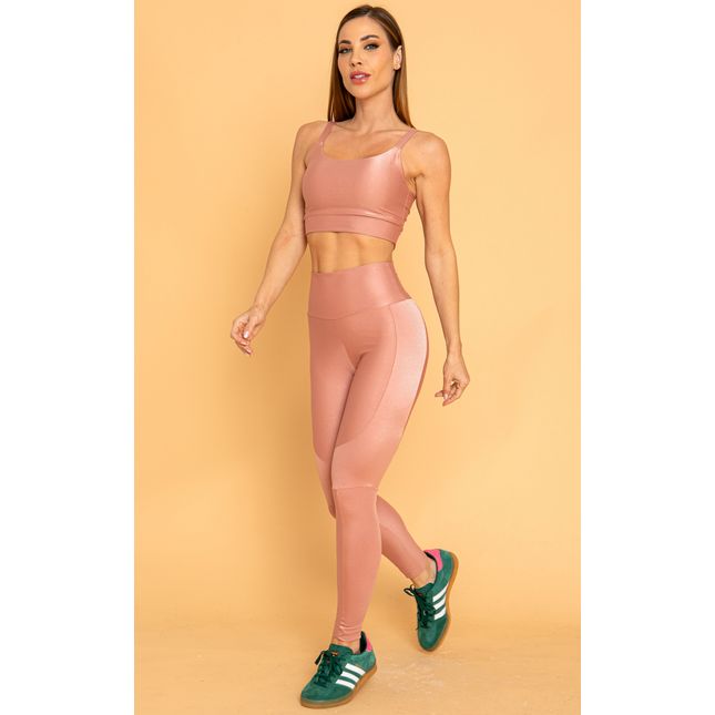 Top Costas Torcida e Calça Legging Textura Acetinada Rosa Seco