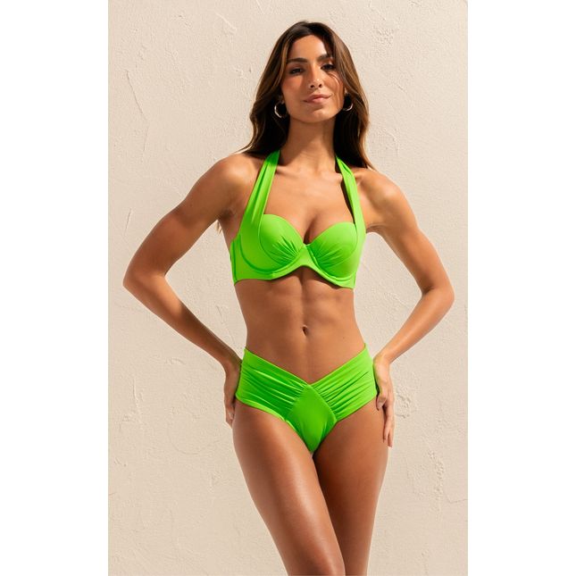 Top Biquíni Meia Taça + Calça Biquíni Larga Drapeada - Grama Limão