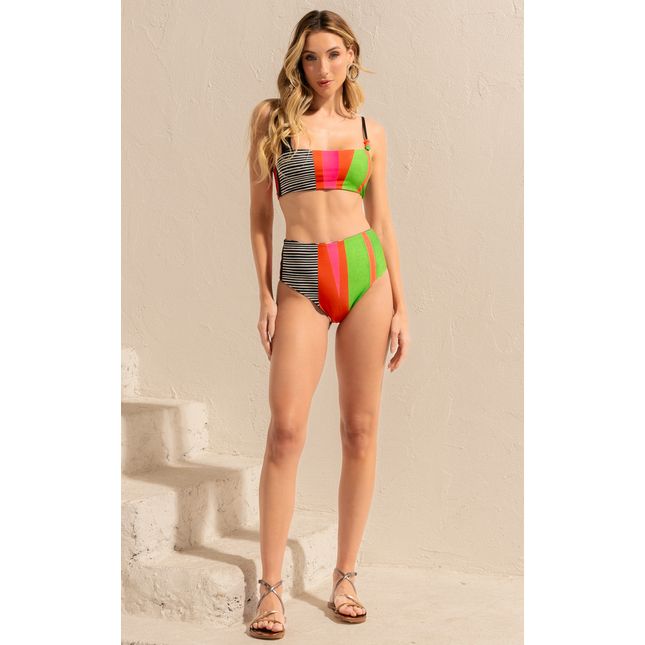 Top Biquini Faixa + Calça Biquini Hot Pant Dupla Face Coral Imperial