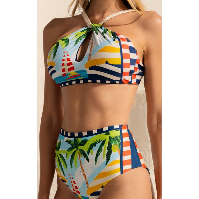Top Biquini Alças Trançadas + Calça Hot Pant Dupla Face Velas ao Vento