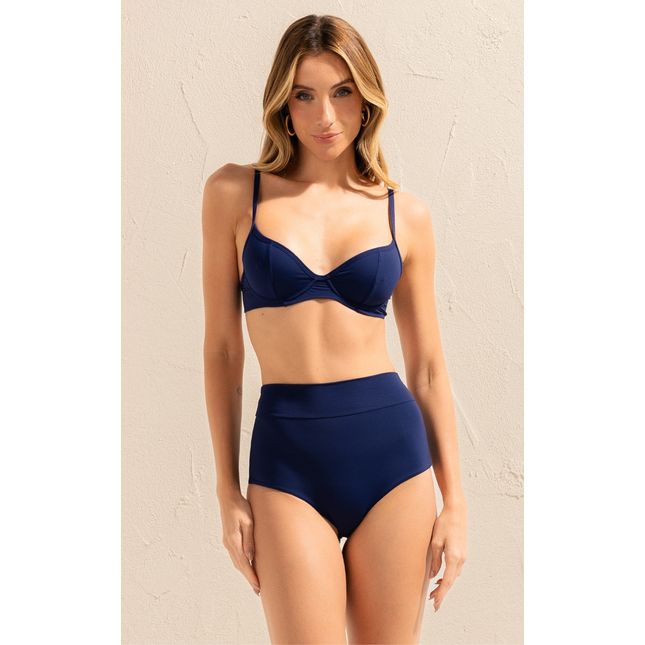 Top Biquíni Meia Taça Aro + Calça Biquíni Hot Pant Cós Fio - Azul Marinho