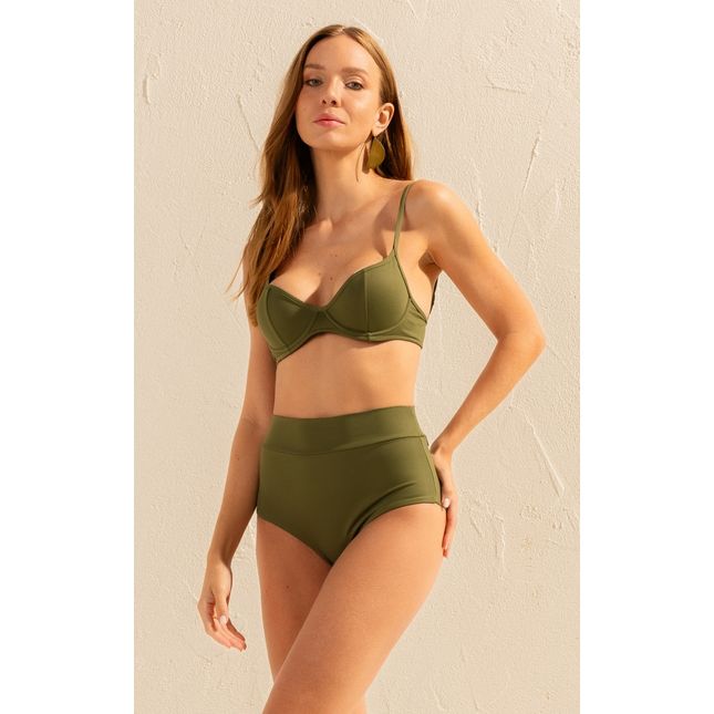 Top Biquíni Meia Taça Aro + Calça Biquíni Hot Pant Cós Fio - Verde Musgo