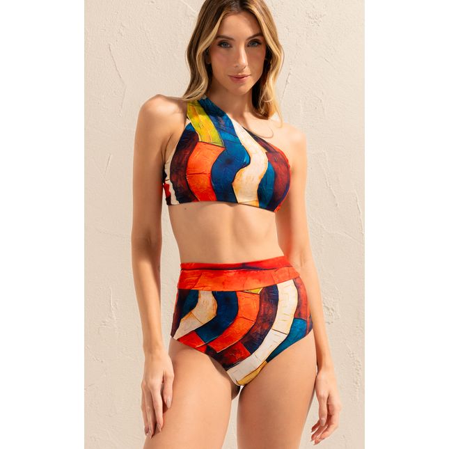 Top Biquíni Ombro + Calça Biquini Hot Pant Cós Fio Caminho das Tâmaras