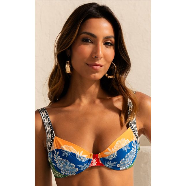 Top Biquini Meia Taça + Calça Biquini Média Dupla Face Fio Alma Floral