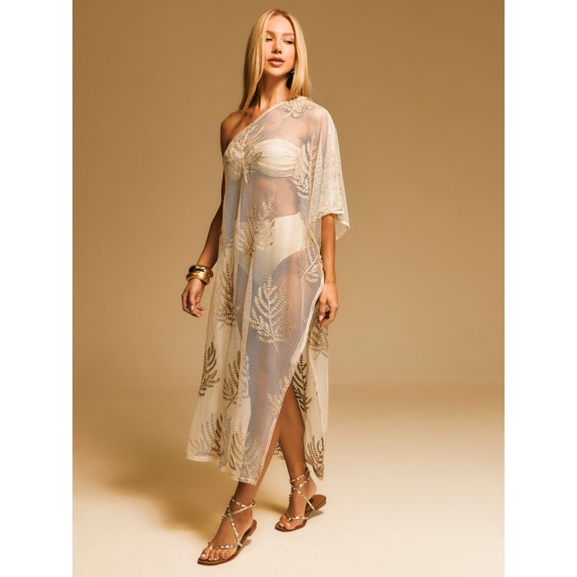 Kaftan Ombro Só Tela Dourada Bordada Lótus SP1671BQ
