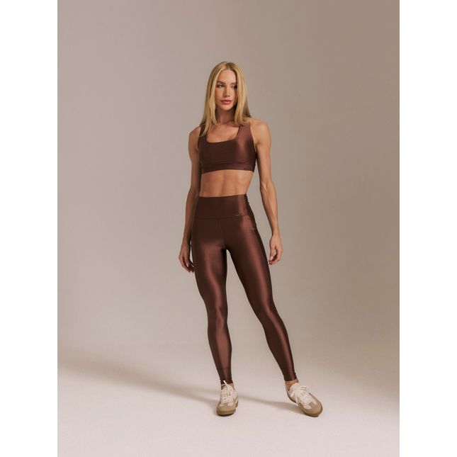 Top Fitness Básico Nadador + Calça Legging Recorte Marrom