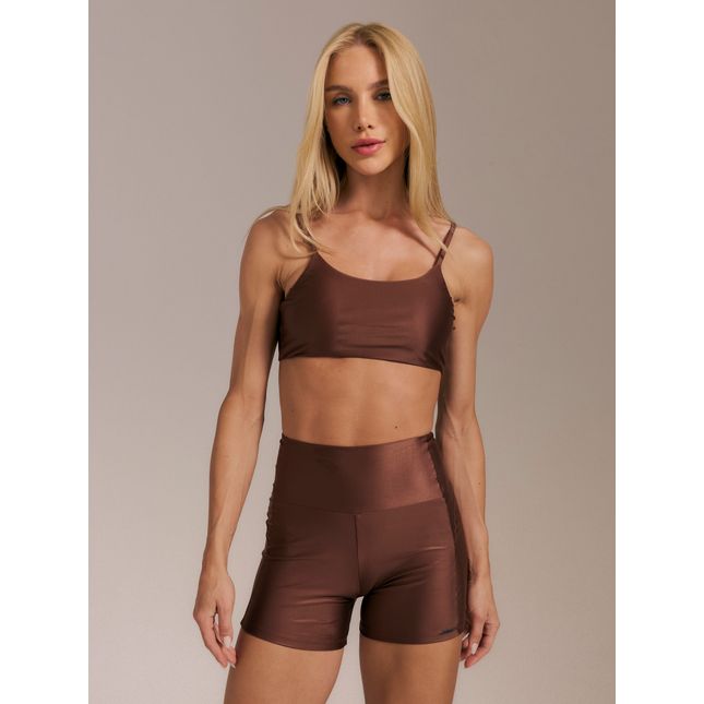 Top Fitness Básico + Short Fitness Recorte Marrom