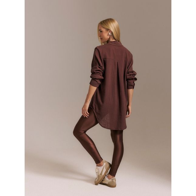 Camisa Manga Longa Acetinada + Calça Legging Recorte Marrom