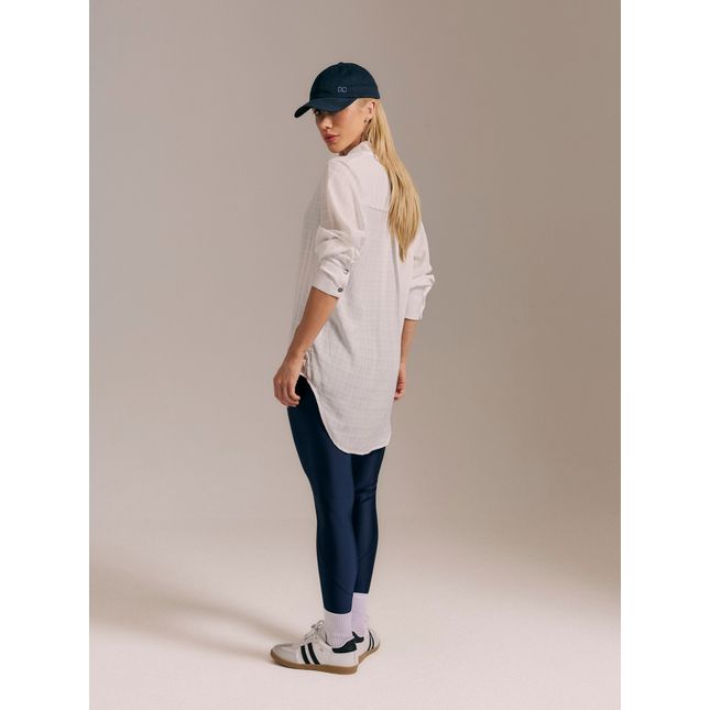 Camisa Manga Longa Acetinada Off White + Calça Legging Recorte Azul Marinho