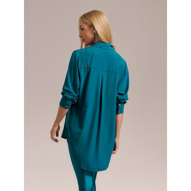 Camisa Manga Longa Acetinada + Calça Legging Recorte Teal