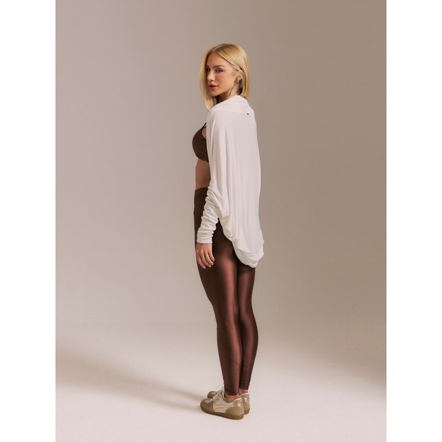 Cardigan Amplo Malha Tricô Off White + Calça Legging Recorte Marrom