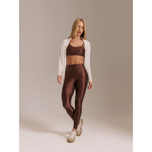 Cardigan Amplo Malha Tricô Off White + Calça Legging Recorte Marrom