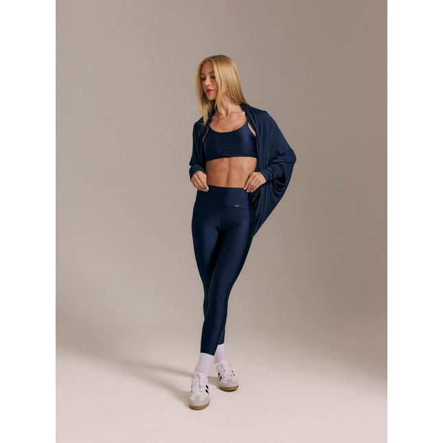 Cardigan Amplo Malha Tricô + Calça Legging Recorte Azul Marinho