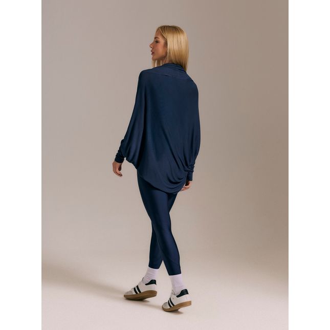 Cardigan Amplo Malha Tricô + Calça Legging Recorte Azul Marinho
