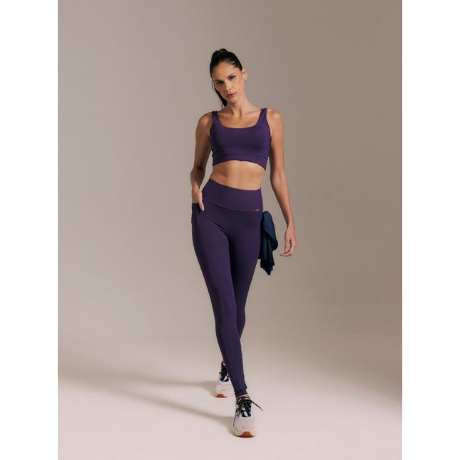 Top Fitness Alongado + Calça Legging Bolsos Evolução Ameixa