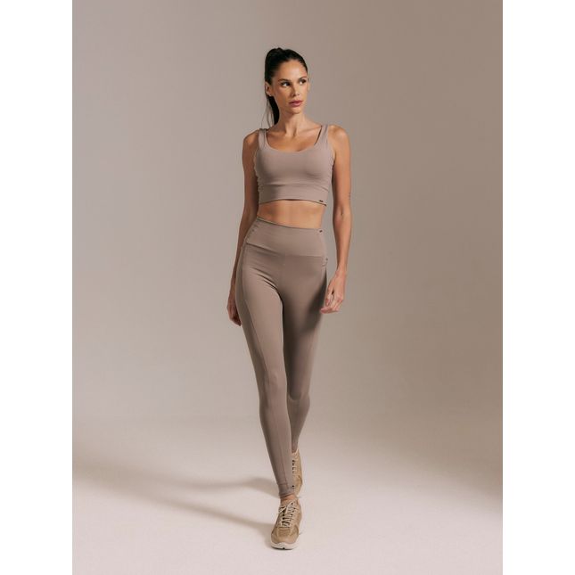 Top Fitness Alongado + Calça Legging Bolsos Evolução Taupe
