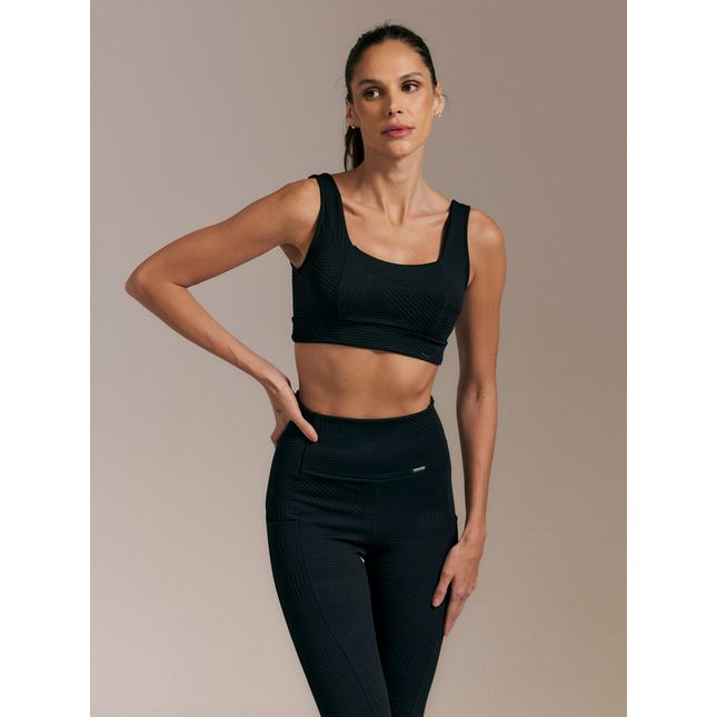 Top Fitness Quadrado Textura + Calça Legging Bolsos Textura Trama Preto