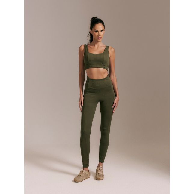 Top Fitness Quadrado Textura + Calça Legging Bolsos Textura Trama Verde Musgo
