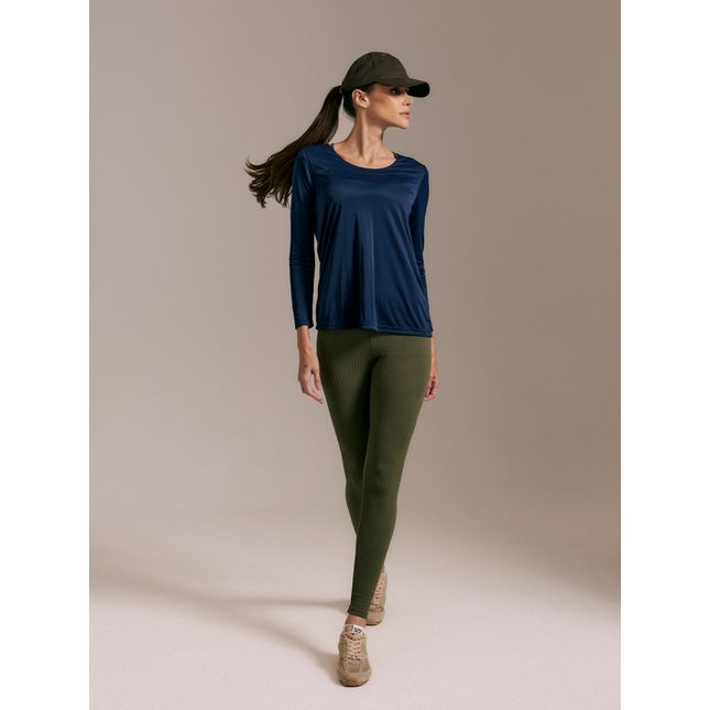 Blusa Básica Manga Longa Azul + Calça Legging Textura Trama Verde Musgo