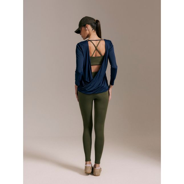 Blusa Básica Manga Longa Azul + Calça Legging Textura Trama Verde Musgo