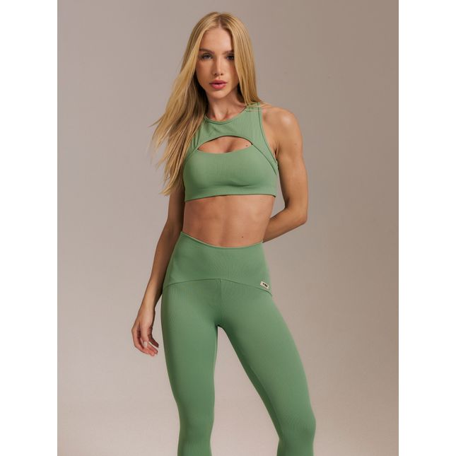 Top Fitness Recorte Canelado + Calça Legging Canelada Raízes Eucalipto
