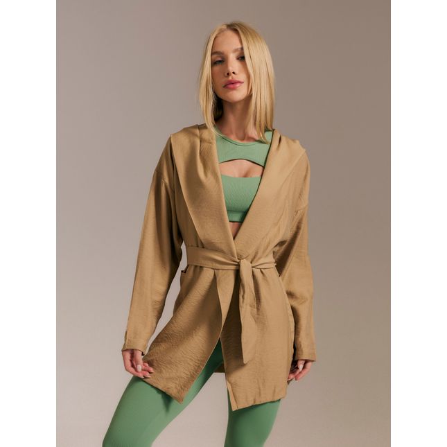 Casaco Amplo com Cinto e Capuz + Calça Legging Canelada Raízes Eucalipto
