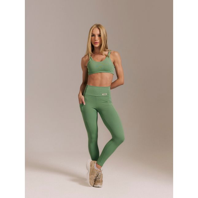 Top Fitness Canelado + Calça Legging Bolsos Canelada Raízes Eucalipto