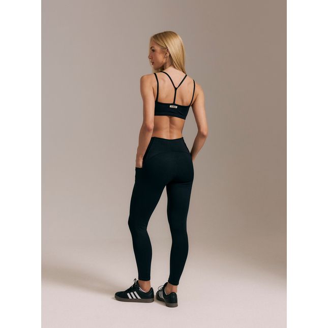 Top Fitness Canelado + Calça Legging Bolsos Canelada Raízes Preto