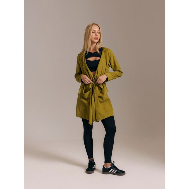 Casaco Amplo com Cinto e Capuz + Calça Legging Canelada Raízes Preto