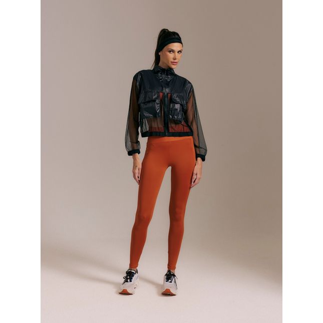 Jaqueta Tule Bolsos Preta  + Calça Fitness Bolso Eterna Laranja