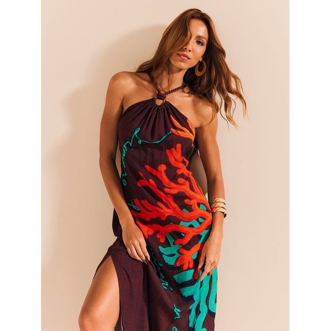 Vestido Longo Frente Viscose Reino Coral SP1858BQ