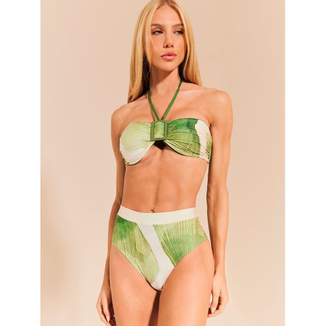 Top Biquini Bandeau Detalhe + Biquini Hot Pant Leque em Folhas