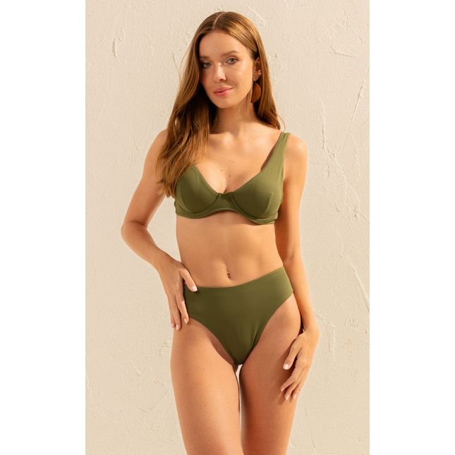 Top Biquíni Triângulo Aro + Calça Biquíni Alta Fio - Verde Musgo